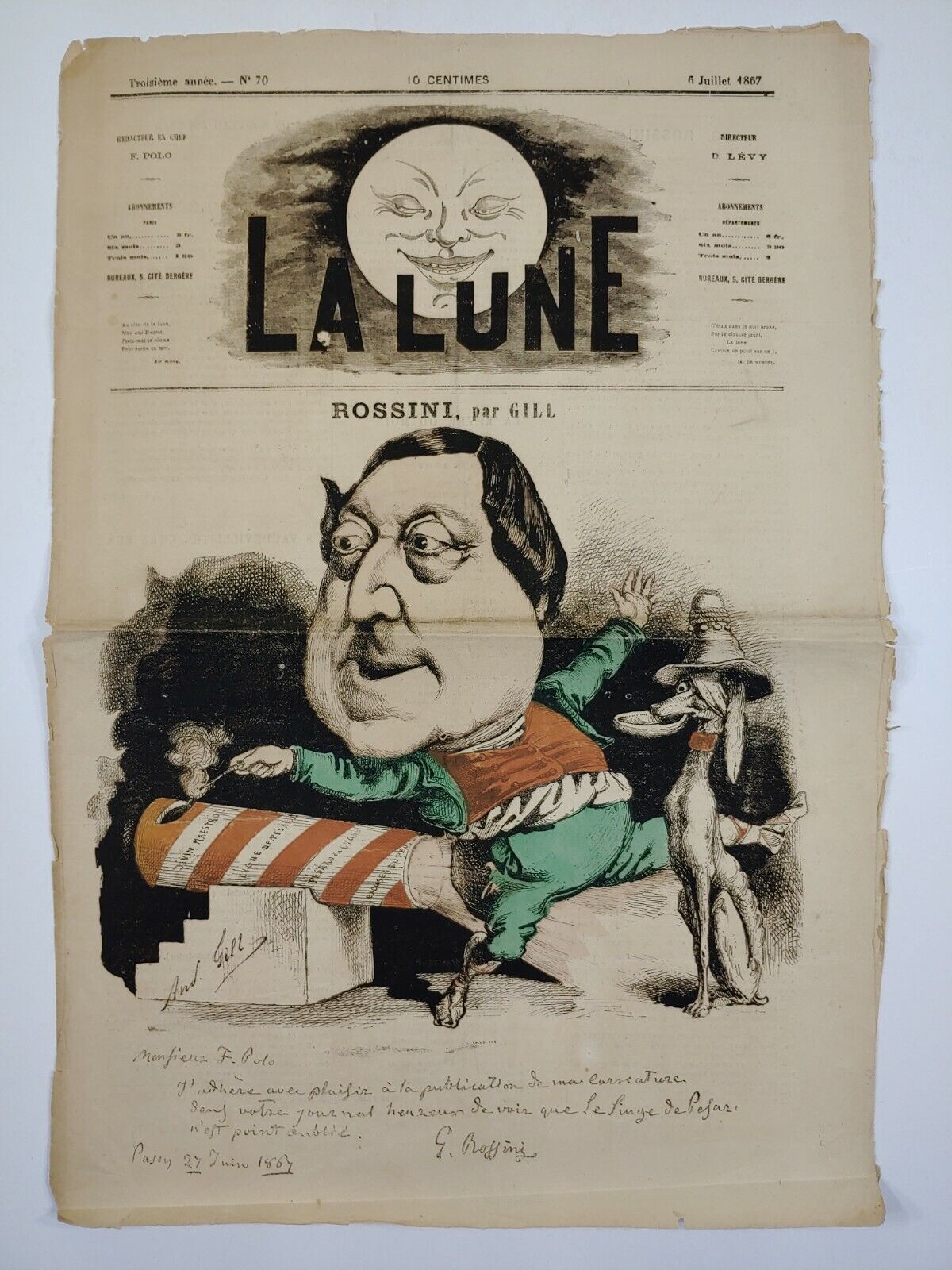 1867 JULY 6, LA LUNE NEWSPAPER -ROSSINI DRAWING, PAR GILL - FRENCH ORIGINAL
