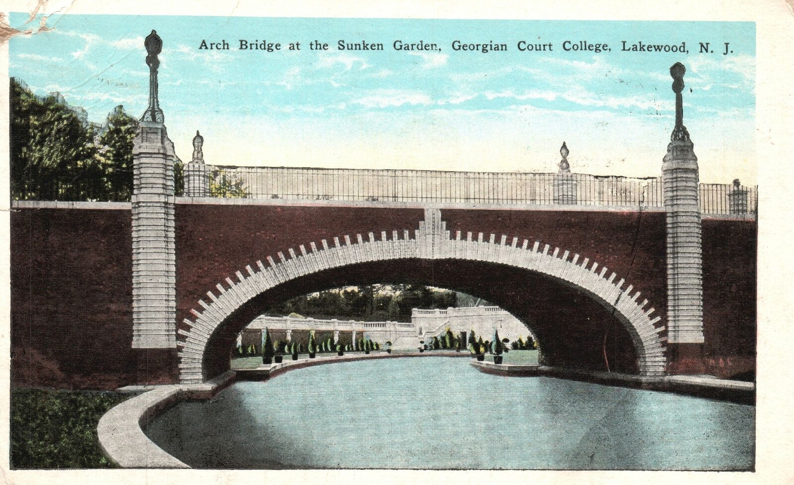 Vintage Postcard 1929 Arch Bridge Sunken Garden Georgian College Lakewood NJ
