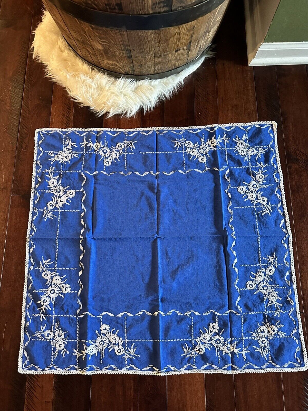 Vintage Blue Tablecloth Embroidered Square 29 X 31” Floral Cobalt Small