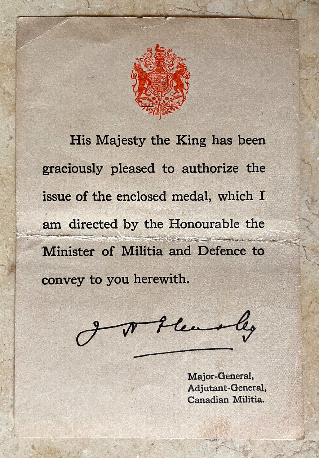ORIGINAL - WW1 CANADIAN - KING GEORGE V MEDAL OFFICIAL AUTHORIZATION DOCUMENT