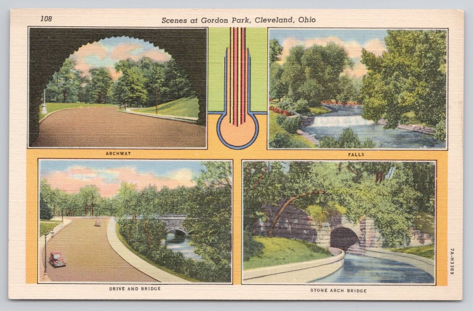 Scenes at Gordon Park Cleveland Ohio OH Falls Archway Stone Arch Bridge Postcard