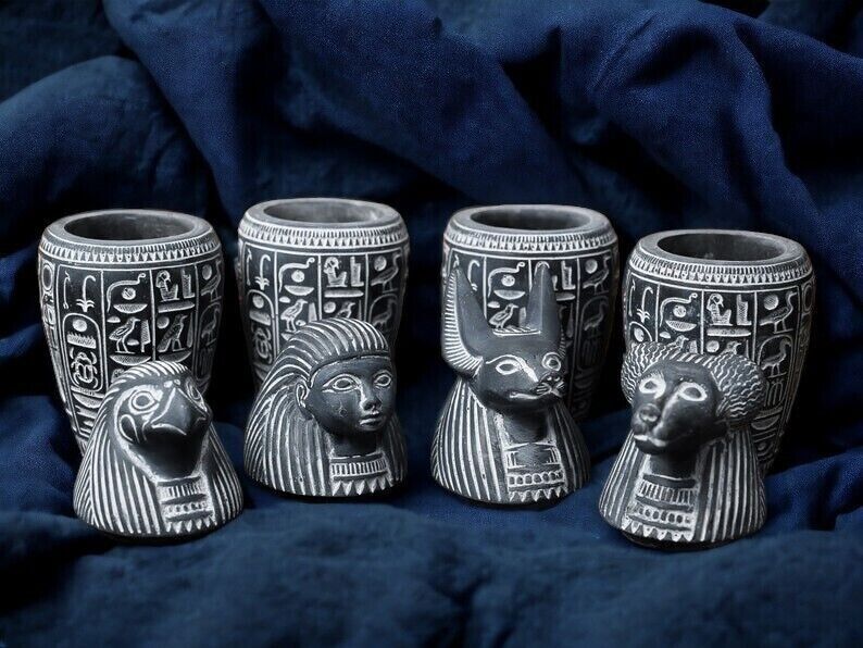 Rare Set Of Four Ancient Egyptian Canopic Jars -Authentic Organ Carvings from BC