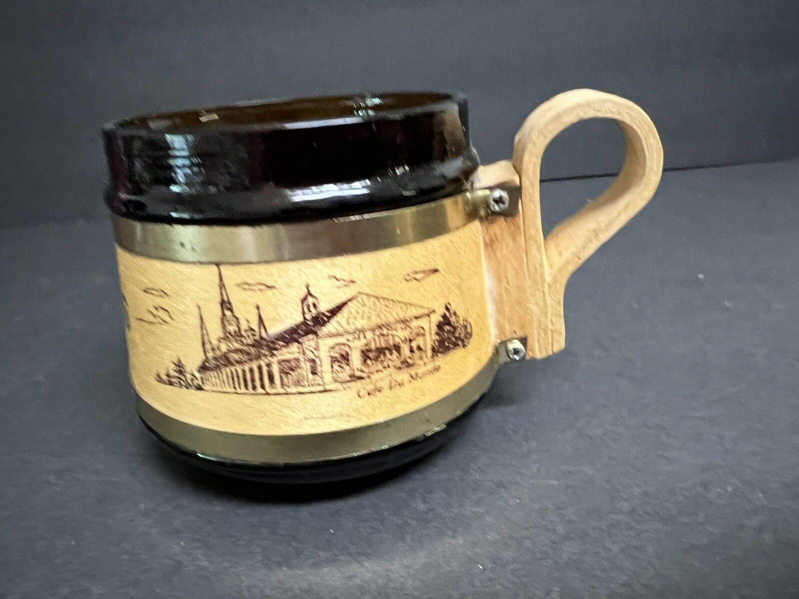 Vintage Brown Glass And Wood New Orleans Souvenir Mug Cup