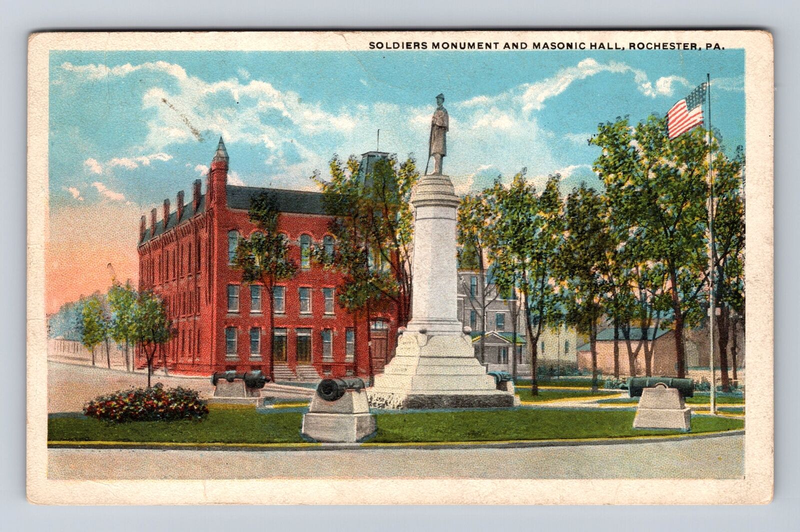 Rochester PA-Pennsylvania, Soldiers Monument And Masonic Hall, Vintage Postcard