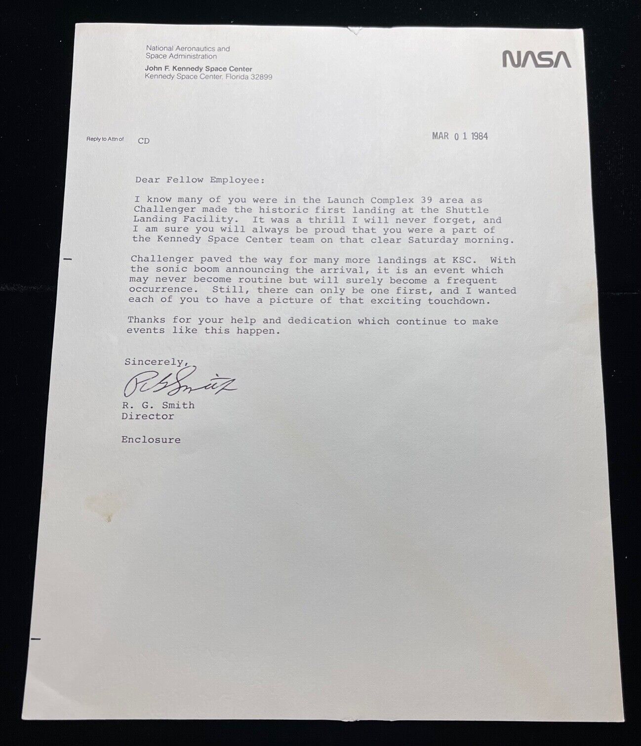 1984 NASA MEMO / LETTER TO PERSONNEL CHALLENGER\'S FIRST FLIGHT LANDING & LITHO