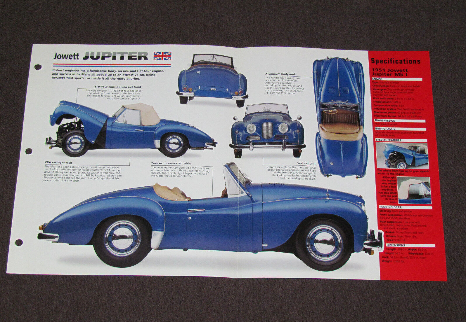 1950-1954 JOWETT JUPITER (1951 Mk I) Car SPEC SHEET BROCHURE PHOTO BOOKLET