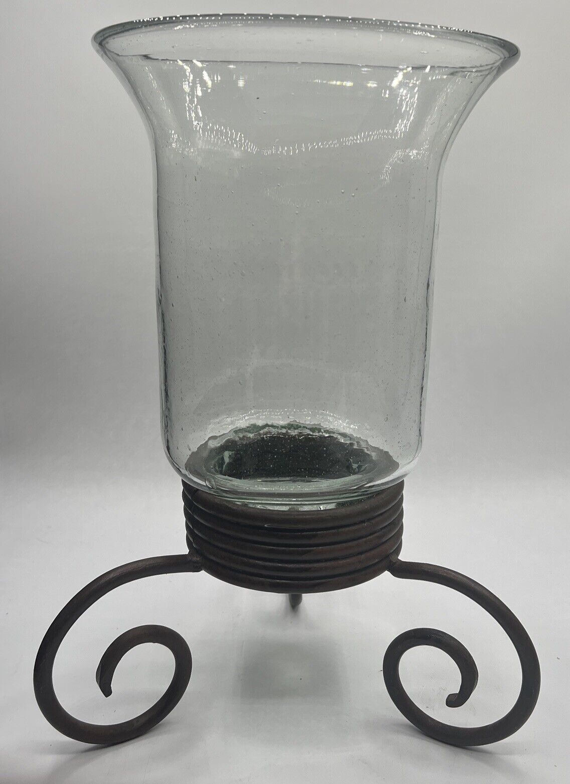 15 Inch Hand Blown Glass Vase with Pontil Mark  Hurricane Lamp Iron Base Vintage