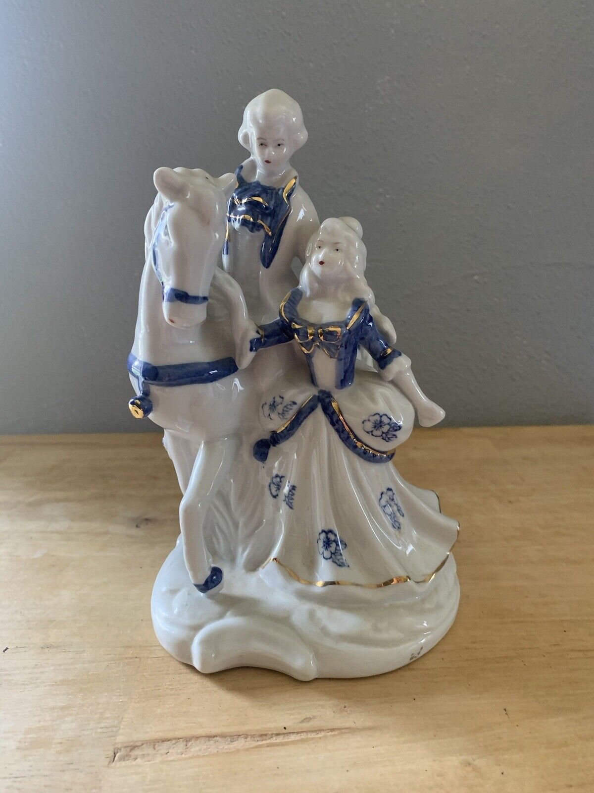 Vintage Victorian Porcelain Figurine Dresden Style Blue White Cobalt Pair