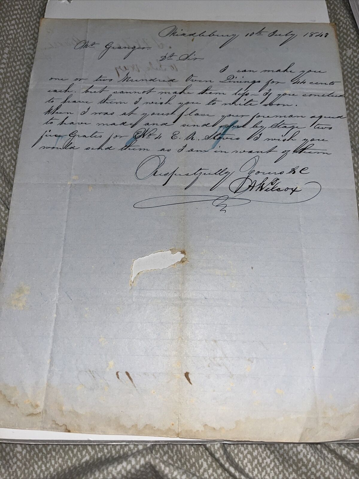 1847 Oven Lining Letter to Pittsford VT Stove Mogul Chester Granger Grangerville