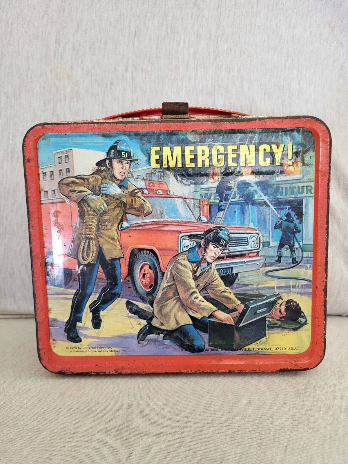 Vintage 1973 Emergency Fireman Metal Tin Lunch Box (No Thermos)