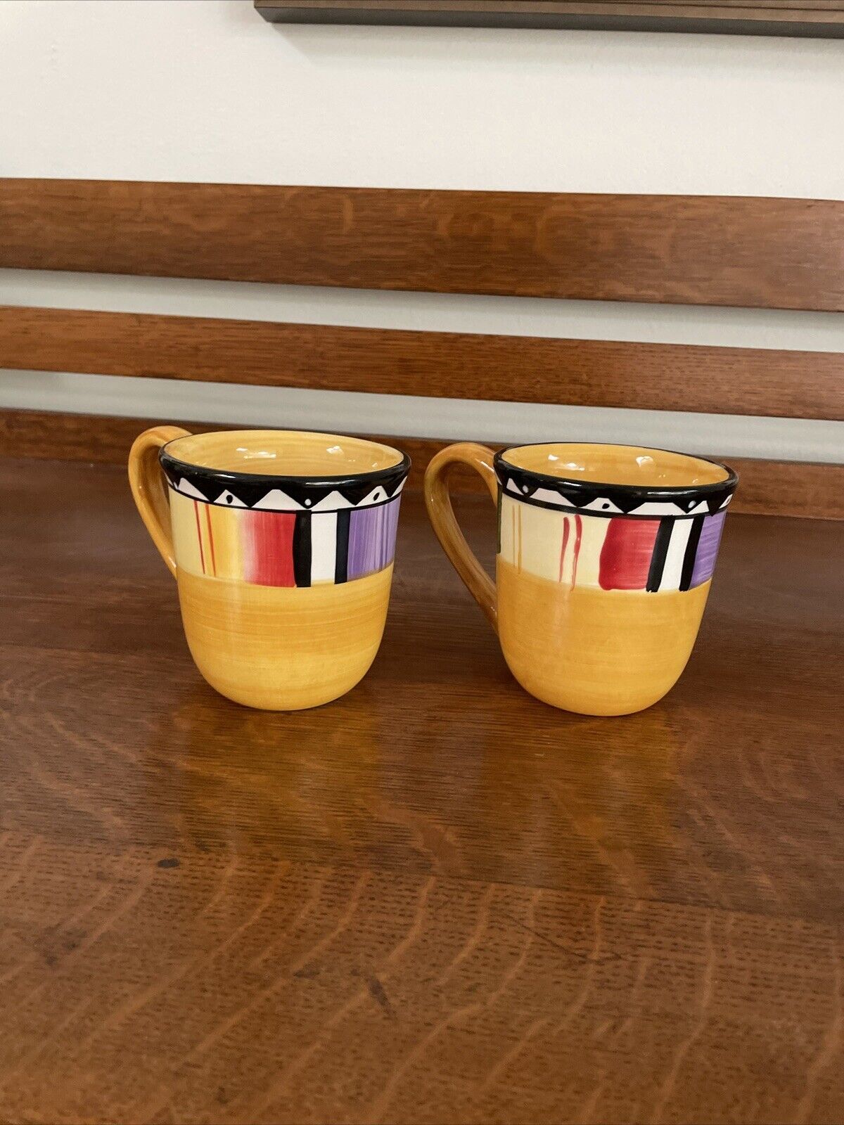Gibson Home Hand Painted Coffee Tea Mugs Cups Set of 2---Yellow/Orange/Blue/Red