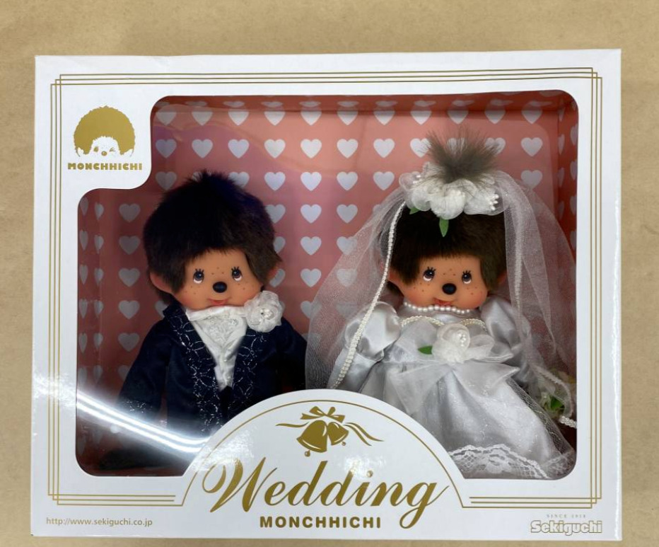 Monchhichi Wedding Set Plush doll Toy 2 Set Box Sekiguchi Japan Tuxedo Dress New