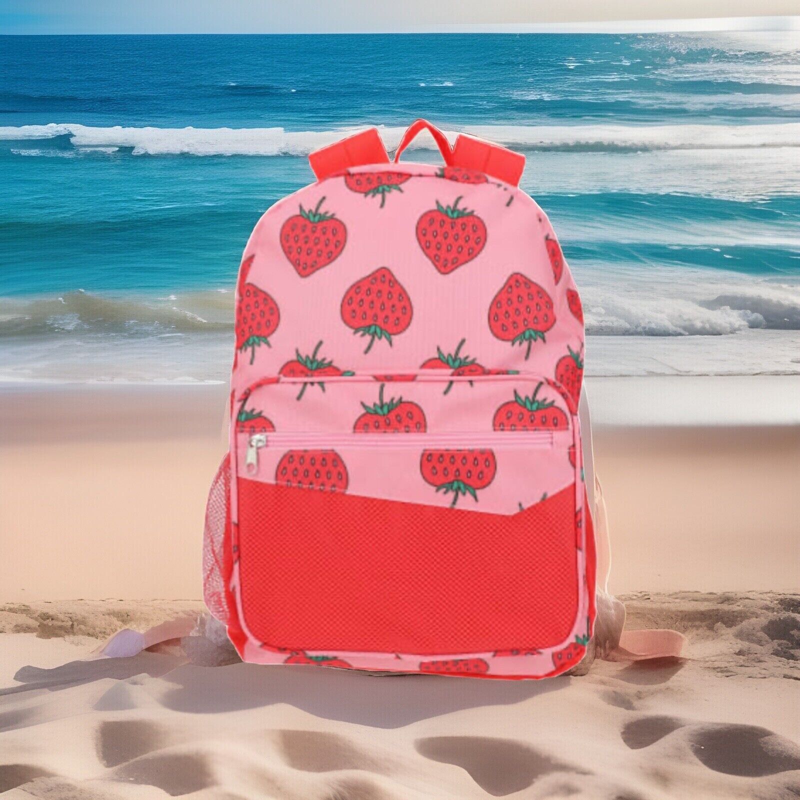 🍓CUTE STRAWBERRY PATTERN BACKPACK BOOK BAG W/MESH FRONT-POCKET 16” Brand New 🍓