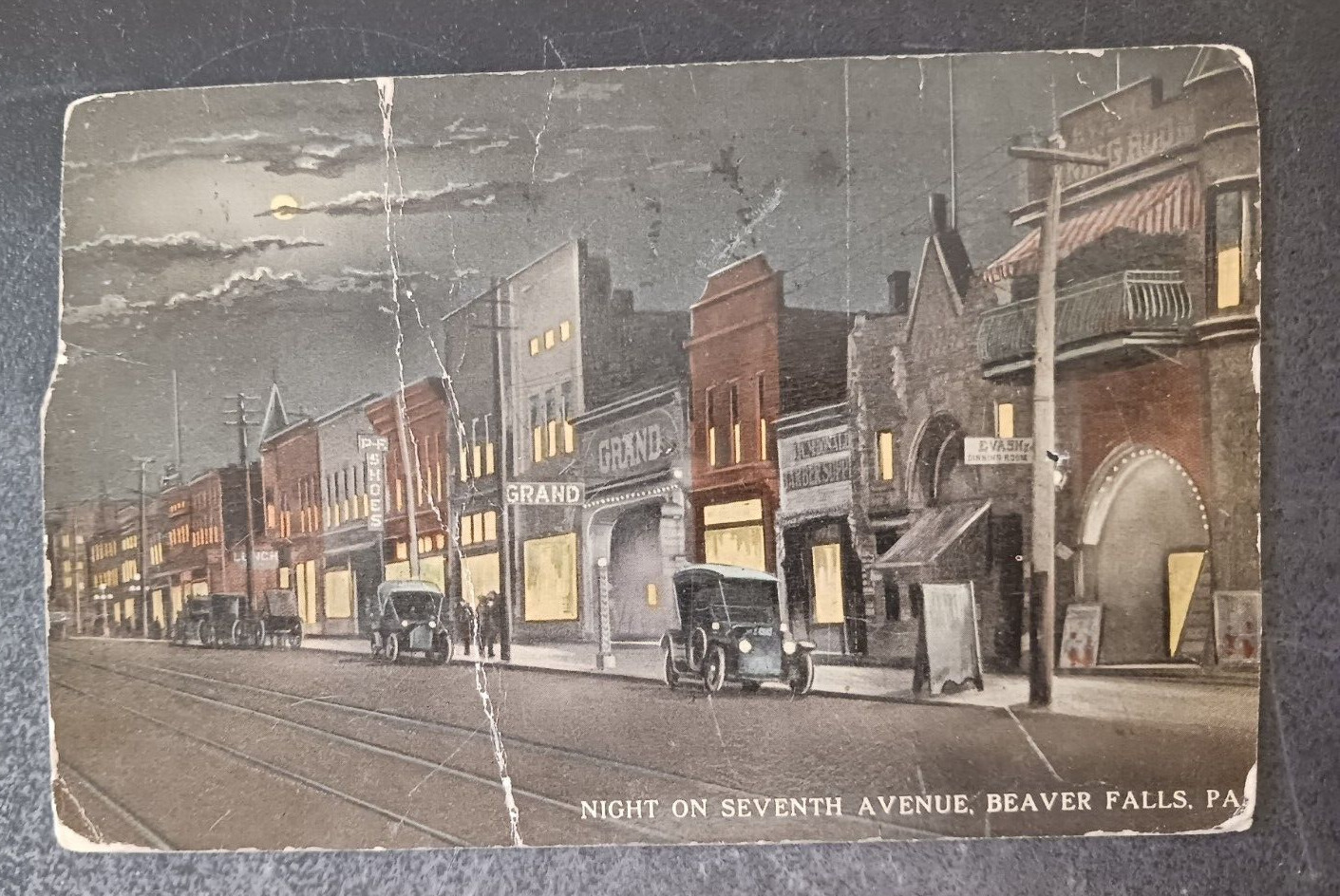 1913 postcard Night on Seventh Avenue Beaver Falls PA Pennsylvania old cars
