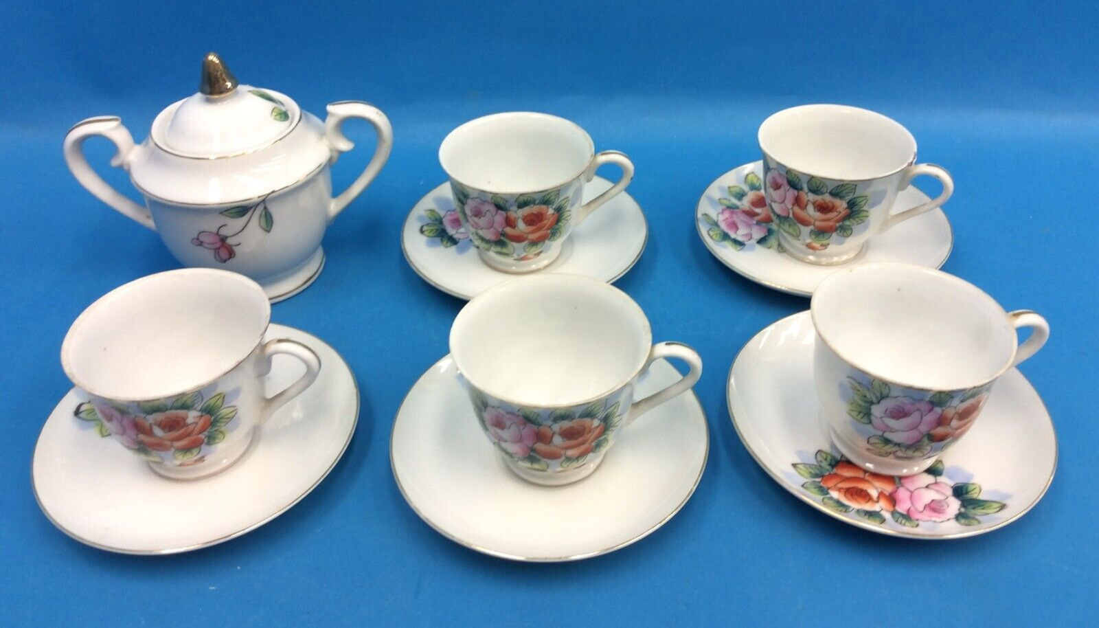 Set Vintage Hand Painted Decorative Japan Small Teacups Cups Saucers Sugar Jar