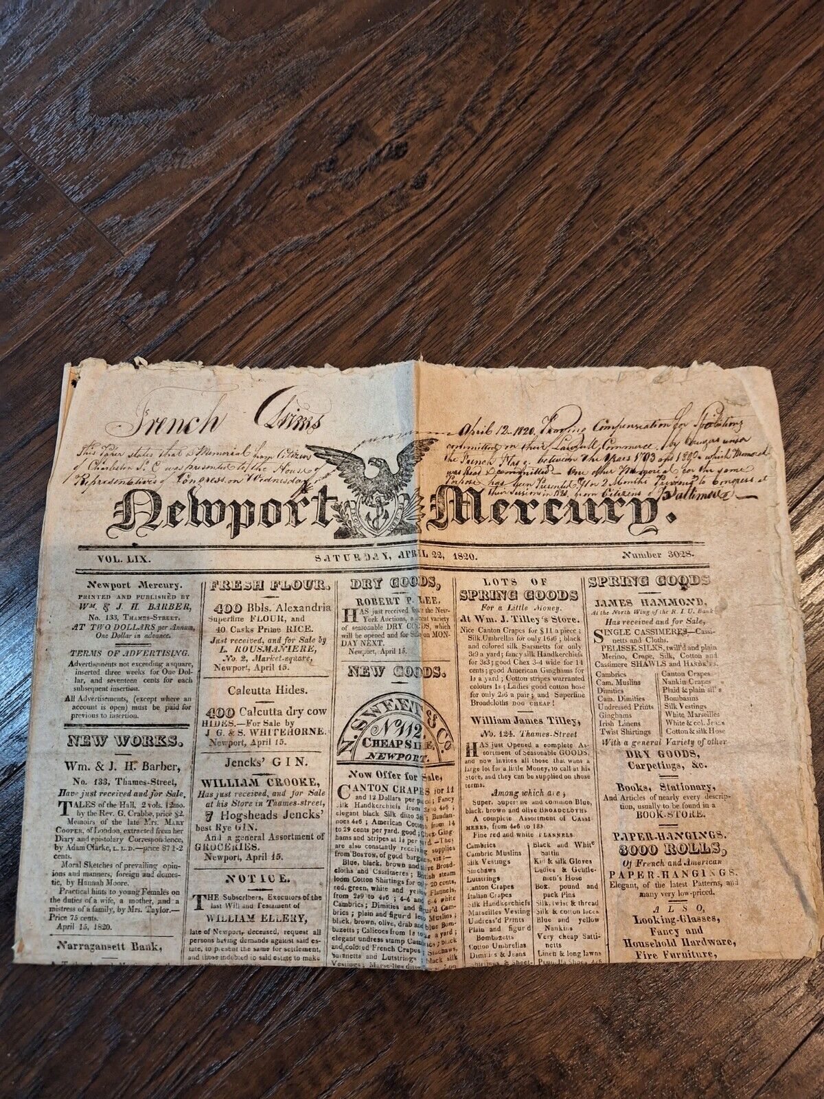 1820 Newspaper Newport Mercury