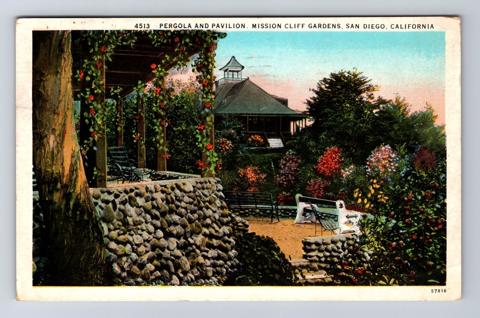 San Diego CA-California, Pavilion, Mission Cliff Gardens Vintage c1930 Postcard