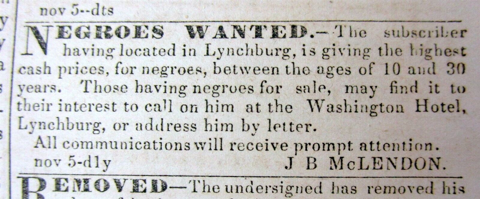 1852 LYNCHBURG Virginia newspaper with a SLAVE AD for 