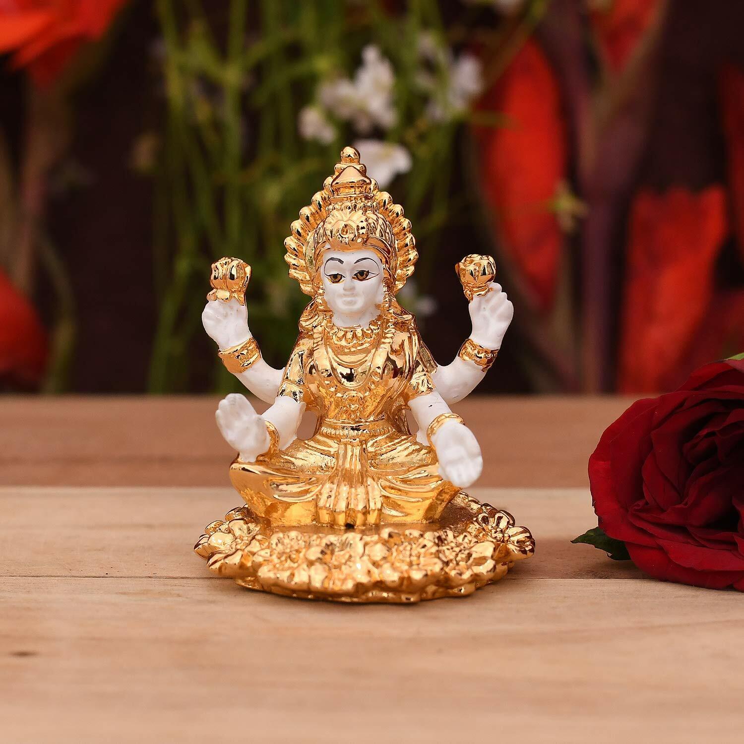 Ceramic Gold & White Maa Lakshmi Laxmi Sitting Statue Hindu Wealth Goddess Idol