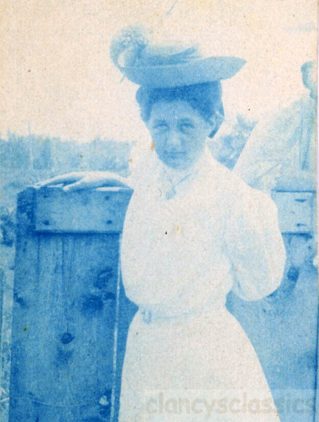 1908 Young Woman Cyanotype Leans on Wood Fence Big Hat