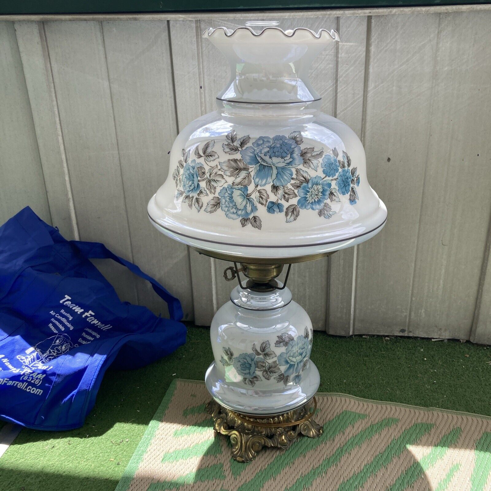 Vintage Huge GWTW Hurricane Lamp Blue Roses Parlor Lamp Accurate Casting Co.