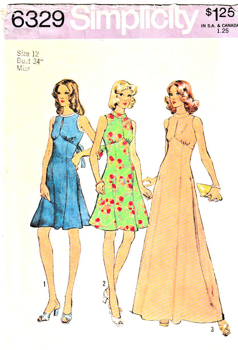 Simplicity Pattern 6329; ©1972; Misses Fun Flirty Dress; Size 12 B34