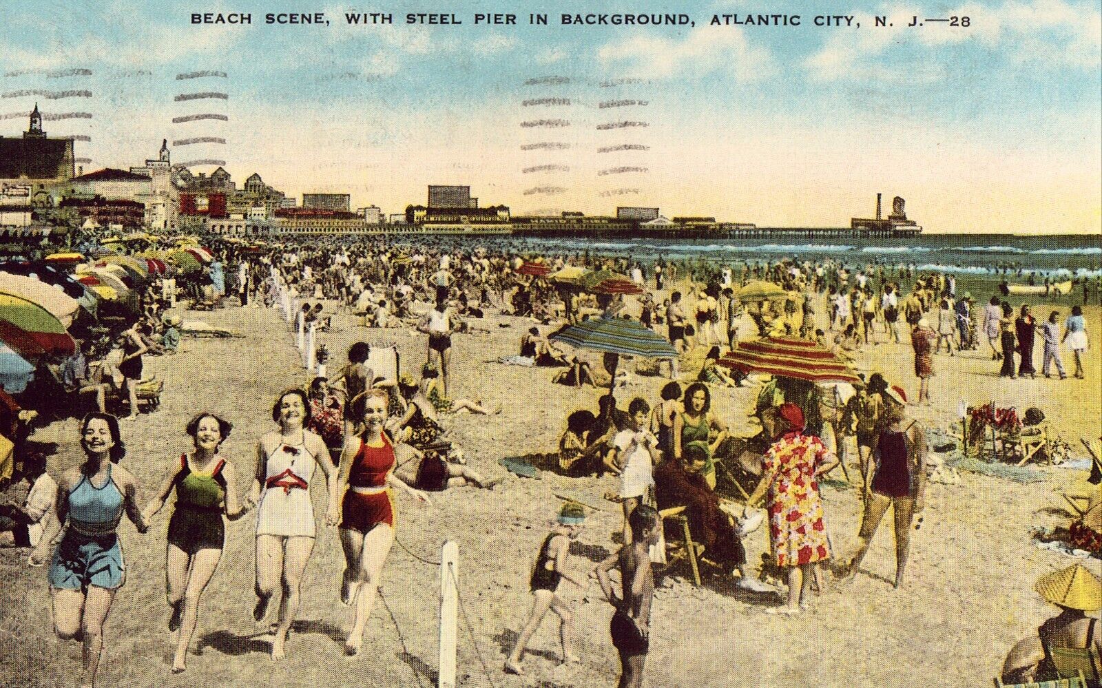 Beach Scene with Steel Pier - Atlantic City, New Jersey Linen Postcard