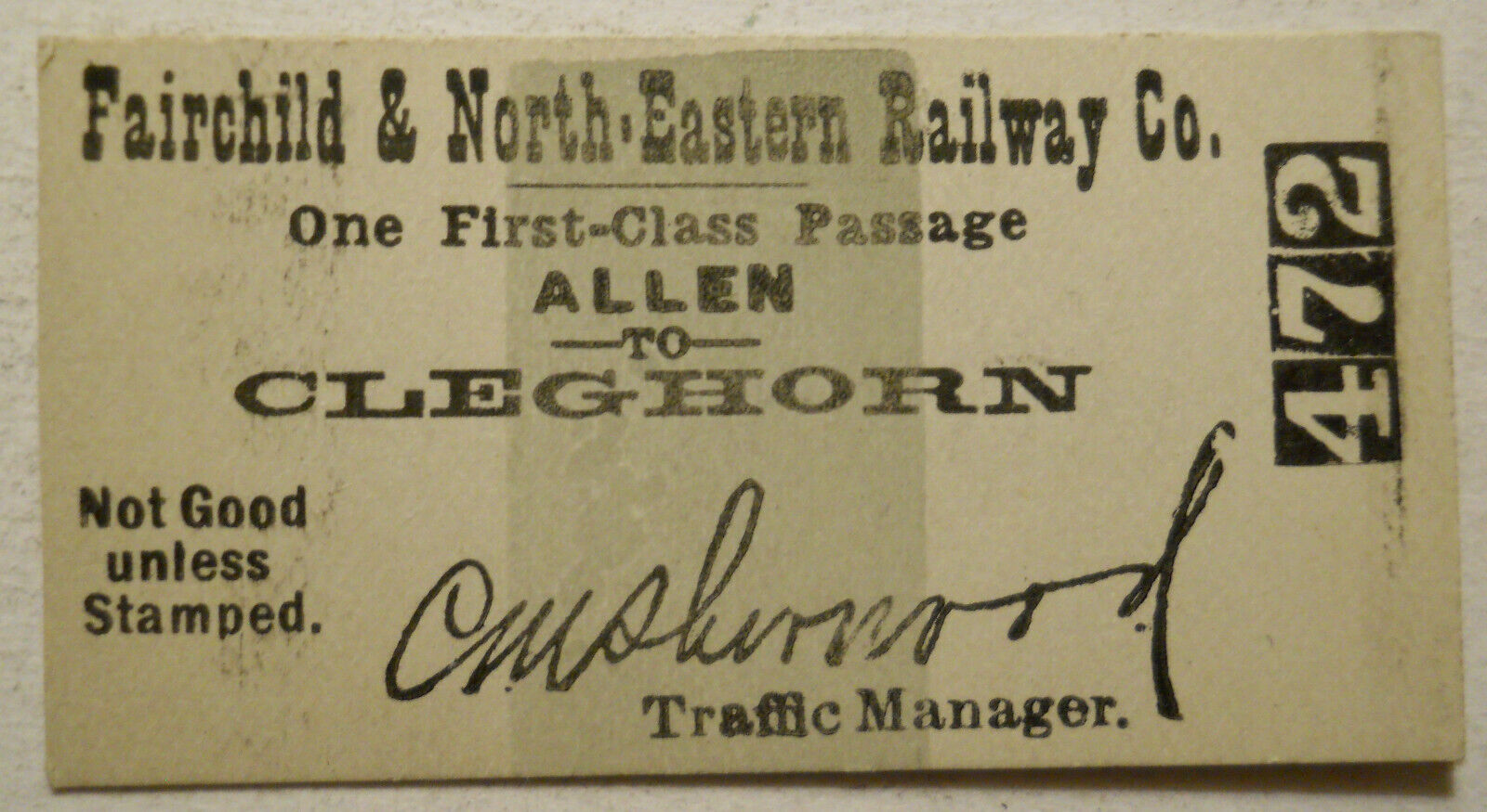 Unused Fairchild & North Eastern Railway Ticket Allen- Cleghorn (Wisconsin)