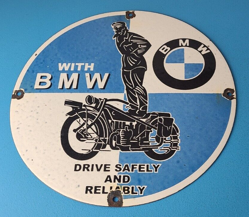 Vintage BMW Sign - Porcelain Metal Motorcycle Sign - Gas Pump Service Auto Sign