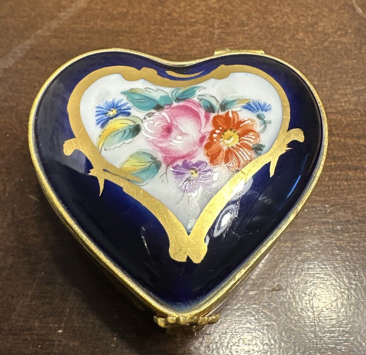 Vintage Limoges  Chamart  Cobalt Blue Roses Heart Shaped Trinket Box France