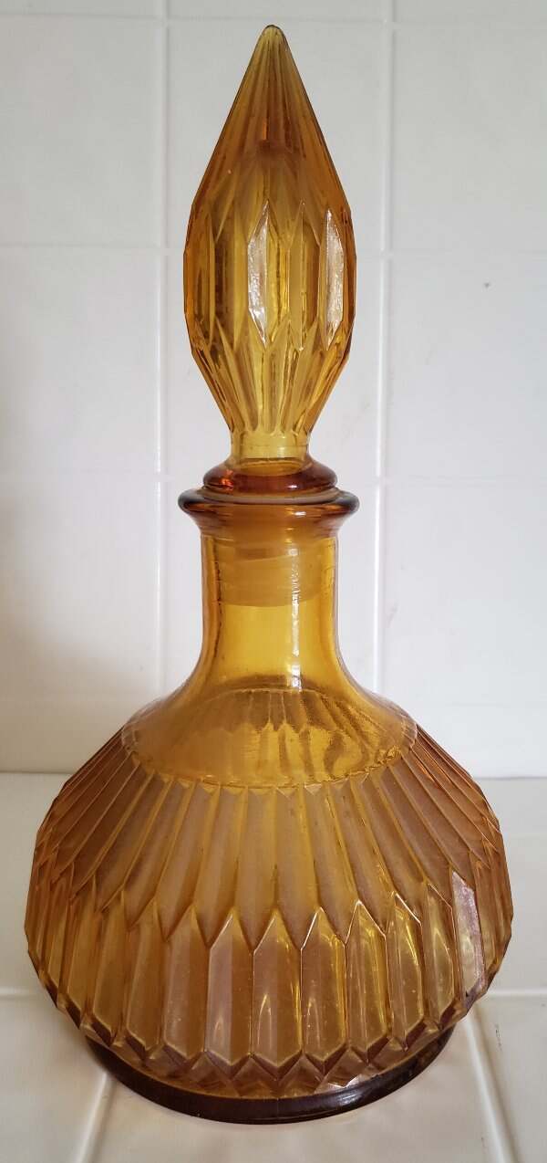 Vintage Mid Century Gold Brown Amberina Glass Jeanie Bottle With Pointed Stopper