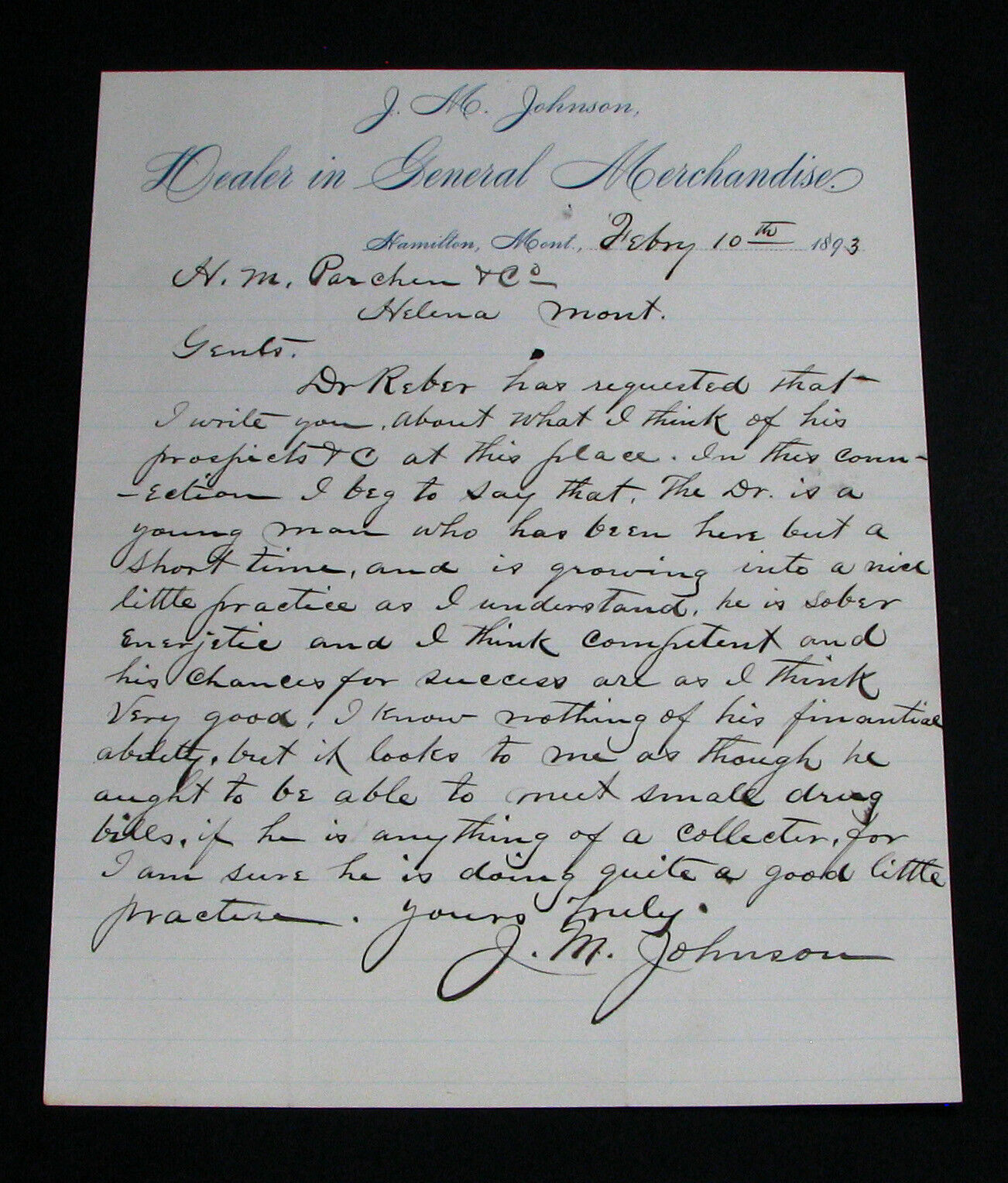 #45 - rare 1893 HAMILTON, MONTANA / JOHNSON GEN. MERCHANDISE letterhead RAVALLI
