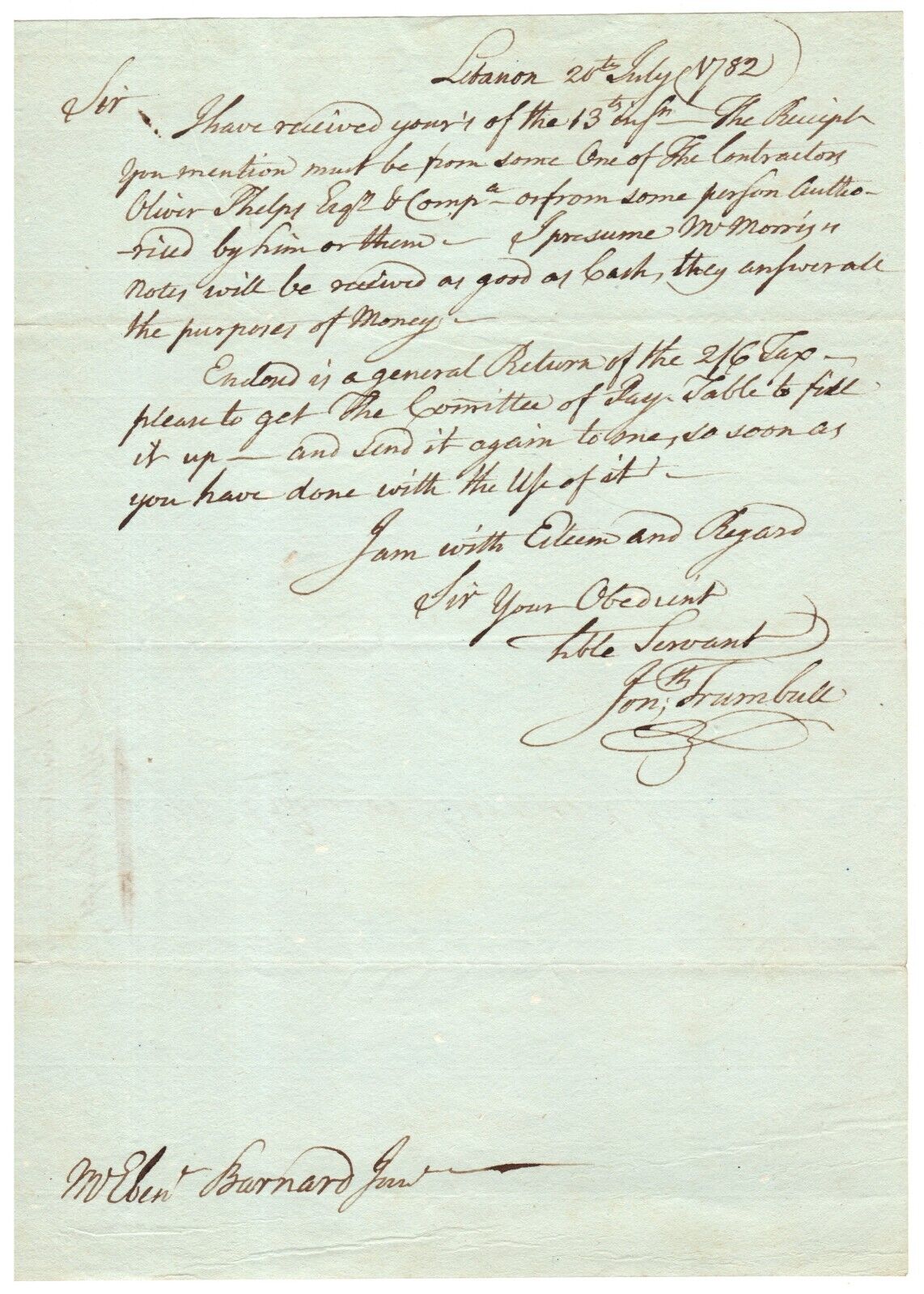 Jonathan Trumbull - Letter Signed in 1782 - Receives Funding for War Effort