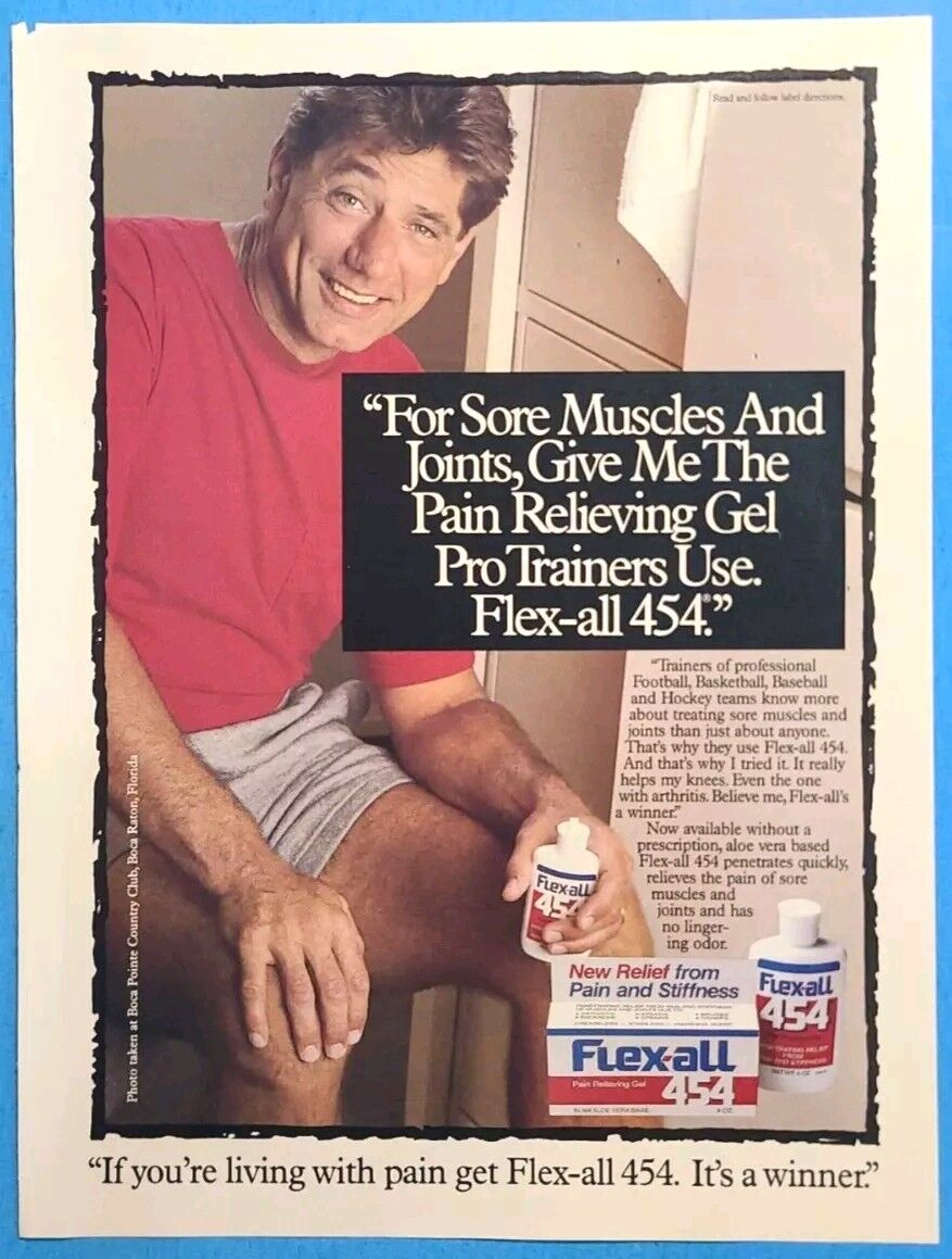 1989 Flex-All 454 Pain Relieving Gel w/ Joe Namath Vtg 1980\'s Magazine Print Ad