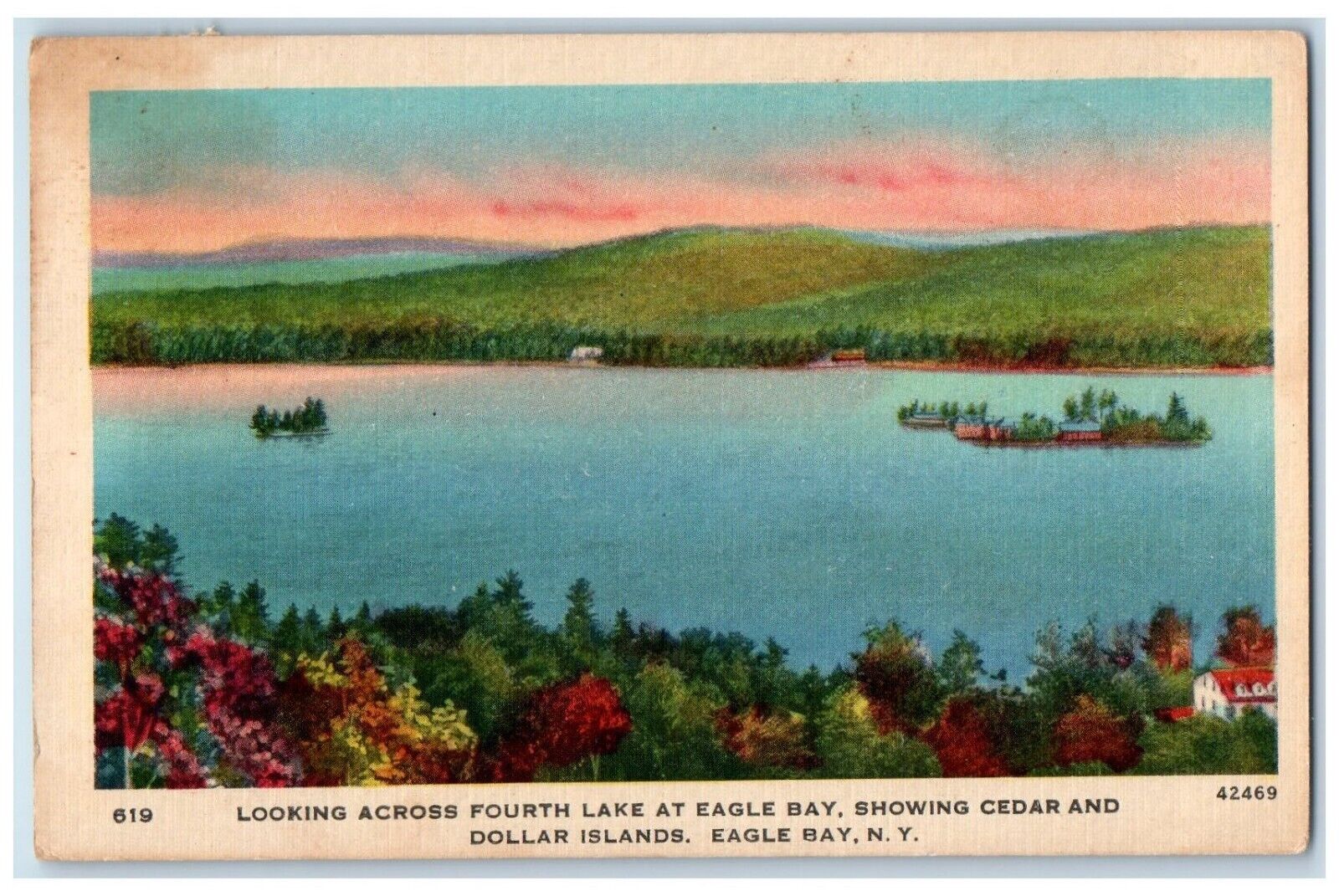1950 Fourth Lake At Eagle Bay Cedar And Dollar Islands Eagle Bay NY Postcard
