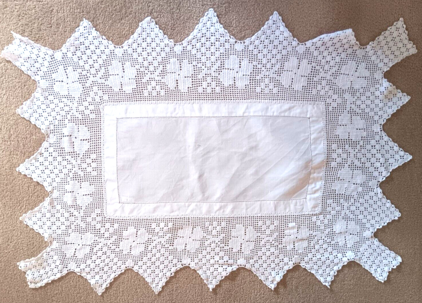 Vintage rectangular  linen embroidered and crocheted edges.