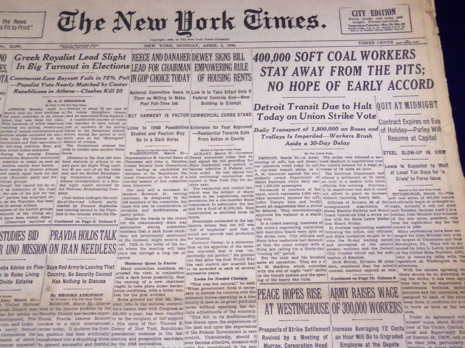 1946 APRIL 1 NEW YORK TIMES - COAL WORKERS STAY AWAY - NT 3128
