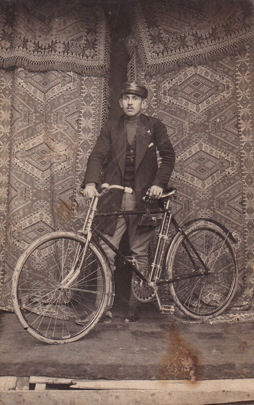 WWI 1918 BULGARIAN POSTCARD MAN WITH OLD BICYCLE