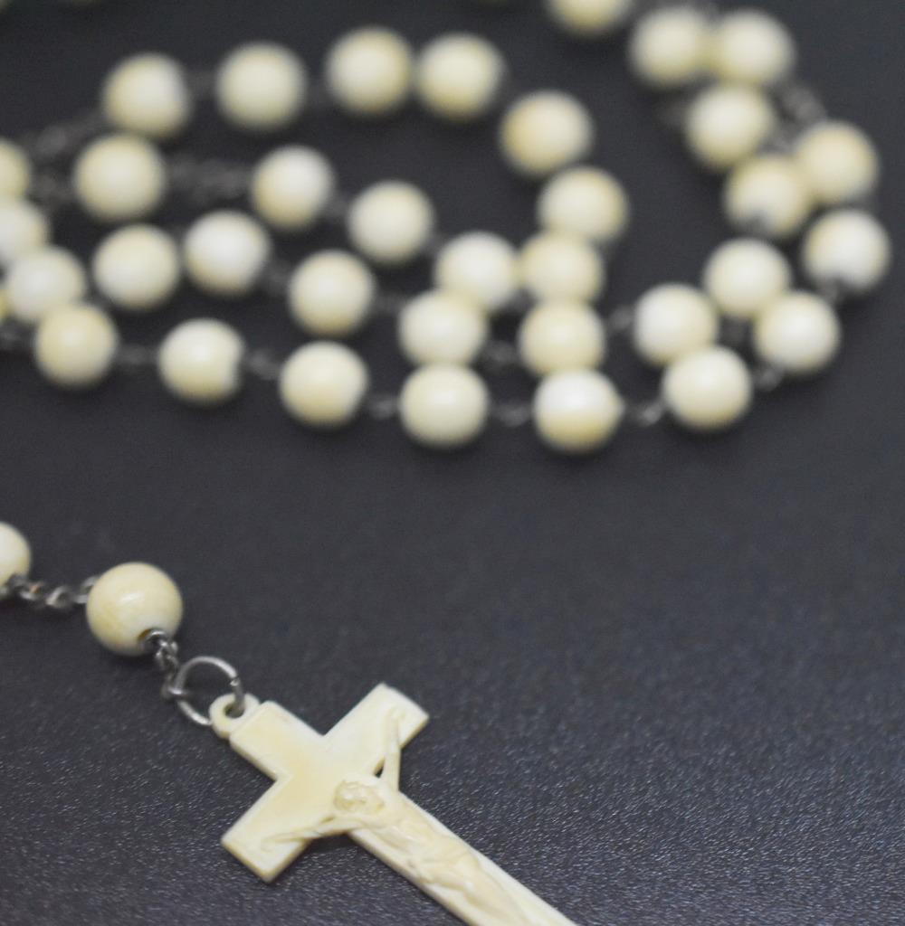 Vintage Antique Genuine Celluloid Silverplate Crucifix Rosary Bead Necklace
