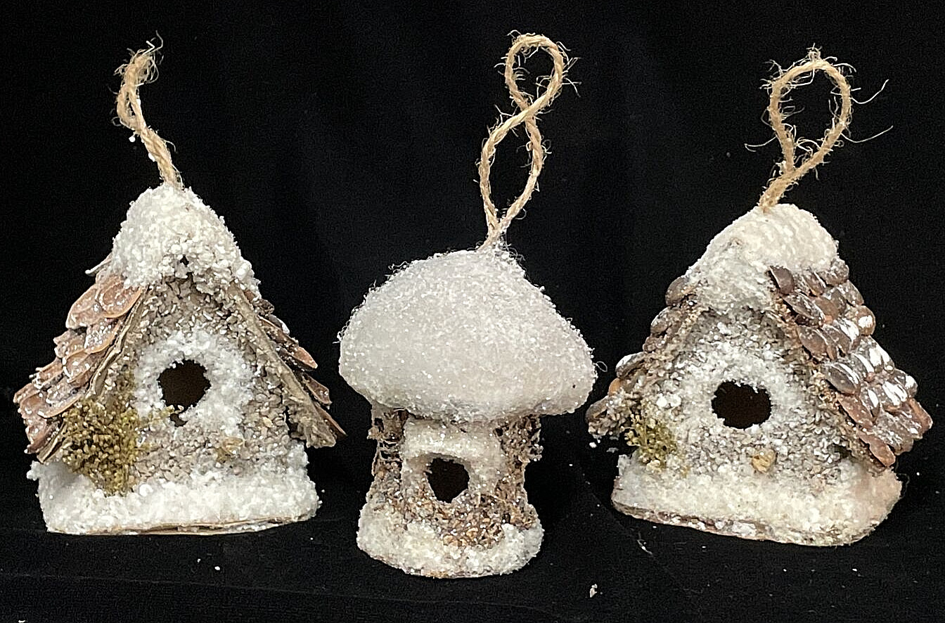 3 Handcrafted Snow Covered Birdhouse Ornaments