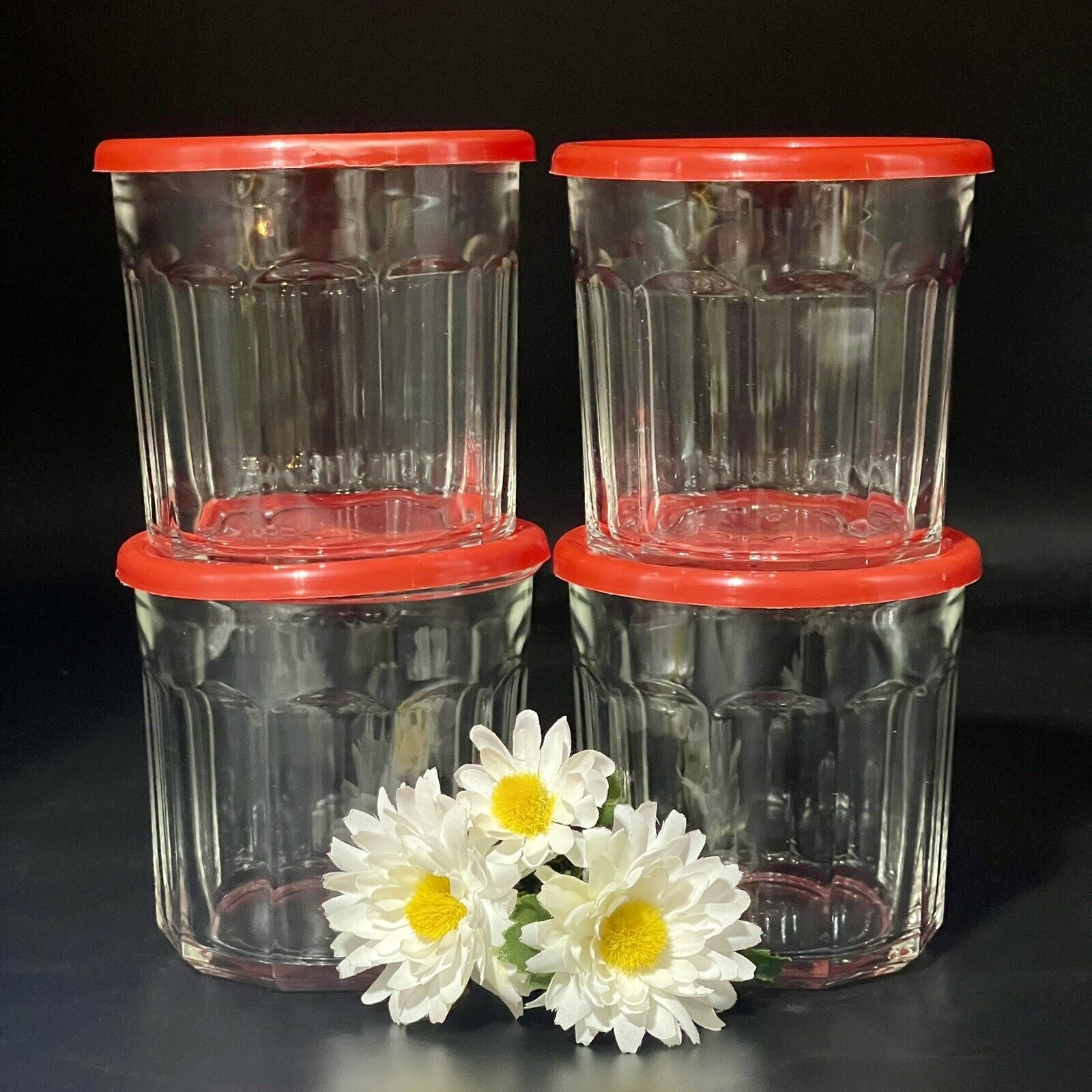 LUMINARC France 500 ml Jam Jar 10 Sided Glass Containers Red Lids VTG. SET OF 4*