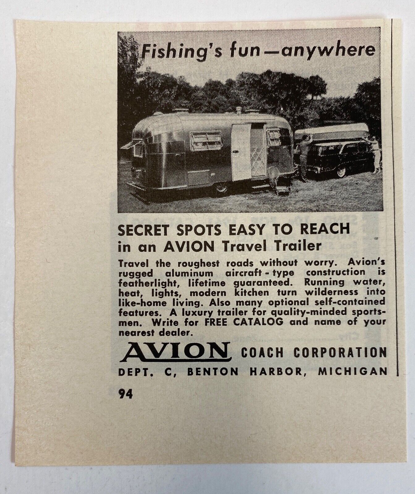 1961 Aluminum Aircraft Luxury Trailer Avion  Sportsmen Fishing Fun Print Ad 
