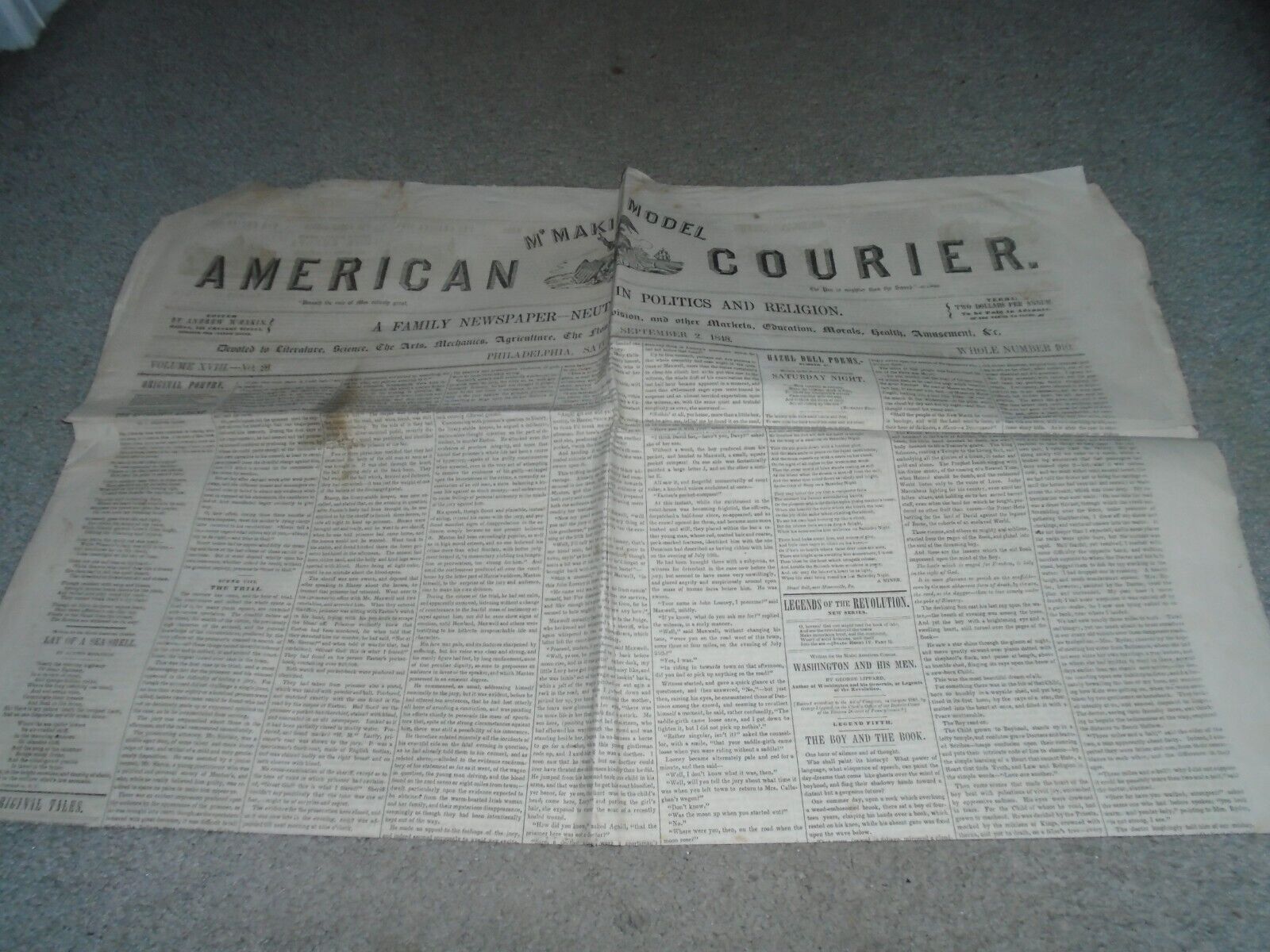 1848 American Courier Newspaper, Philadelphia PA