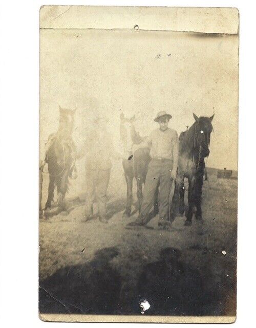 c1900s Two Men With Three Horses Dapper RPPC Real Photo Postcard UNPOSTED
