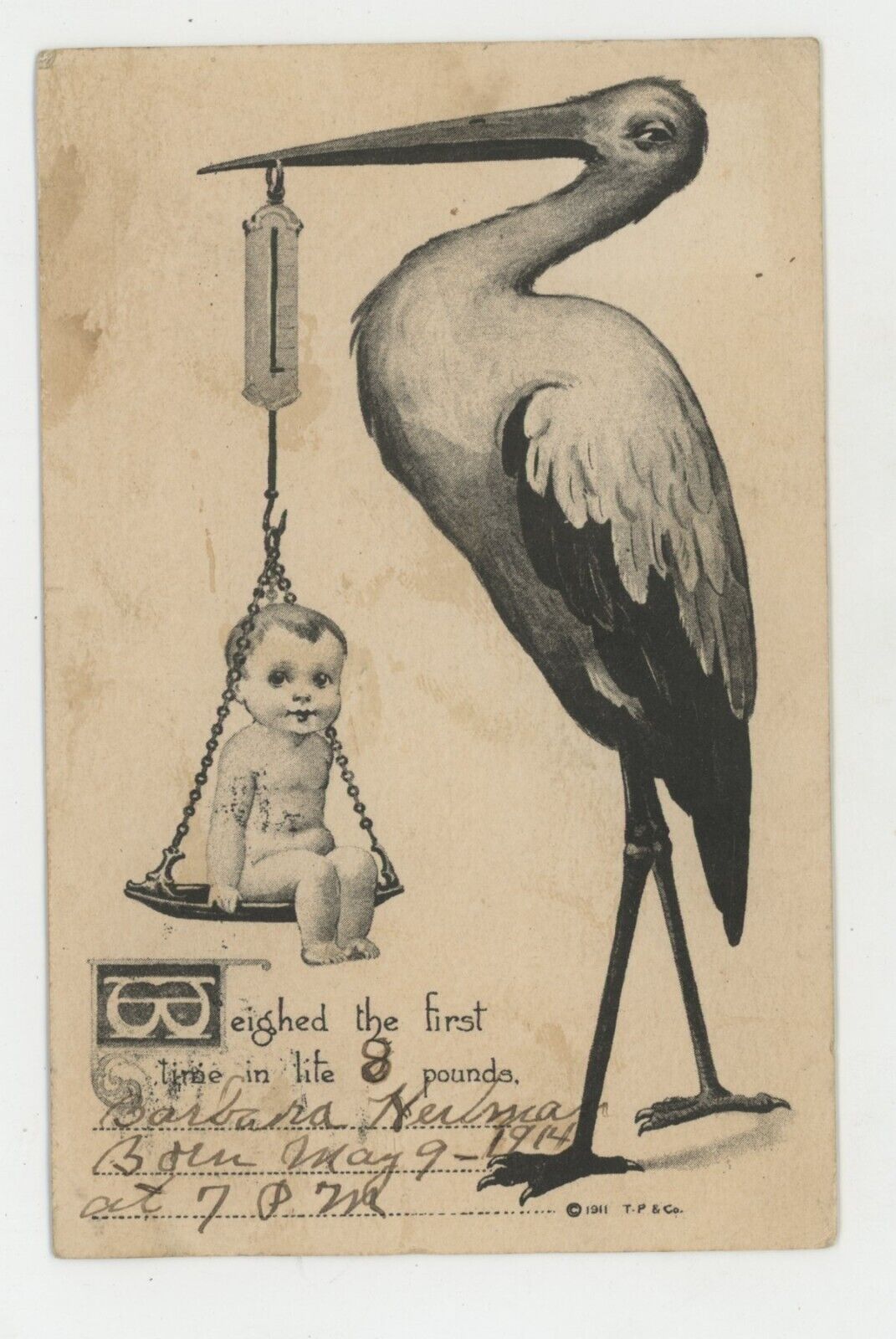 Vintage Postcard  BABY BIRTH ANNOUNCEMENT STORK POSTED STAMP  1914