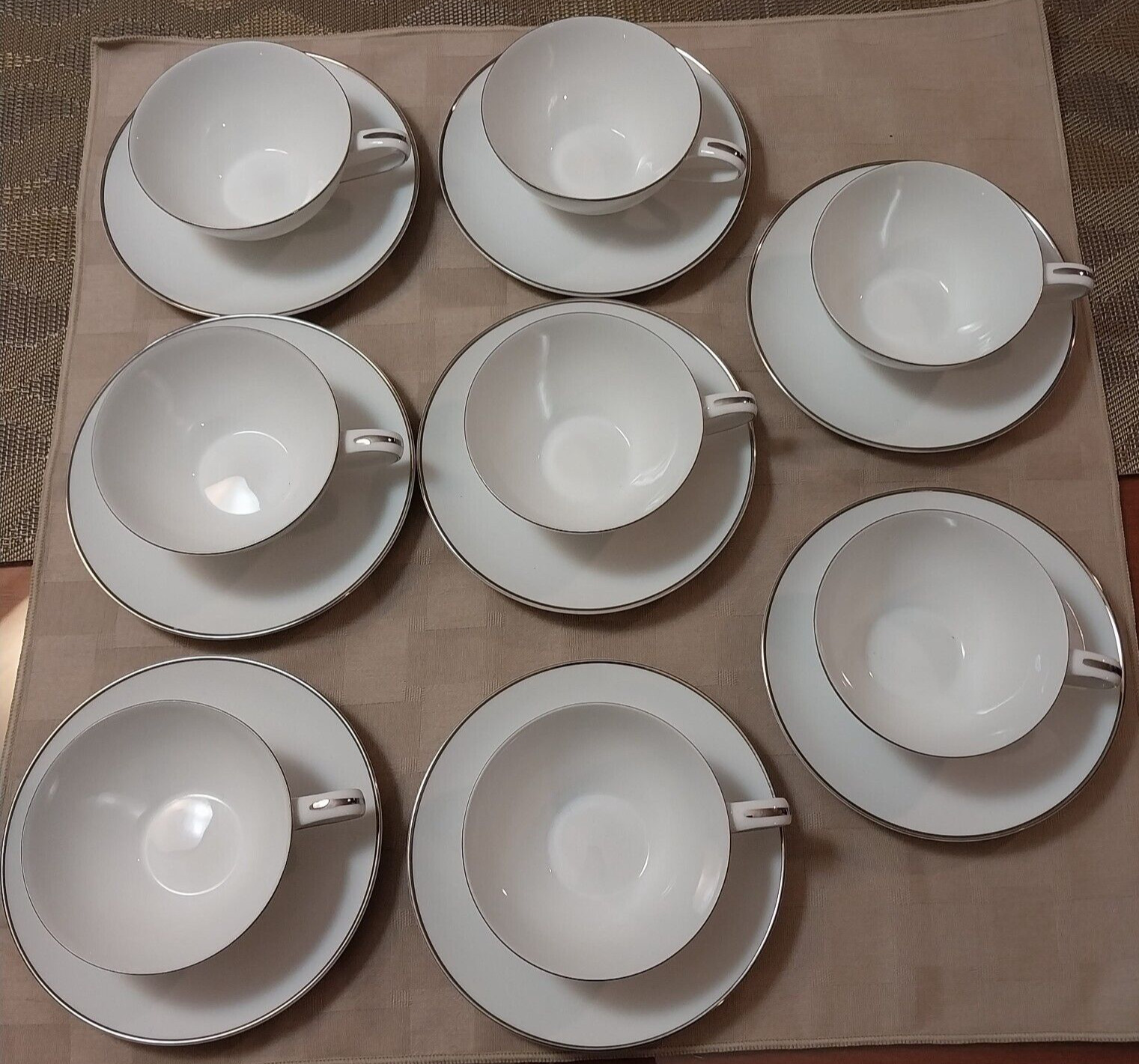 8 Sets NORITAKE Porcelain China 5932 Colony White Flat Cup Saucer Platinum Trim