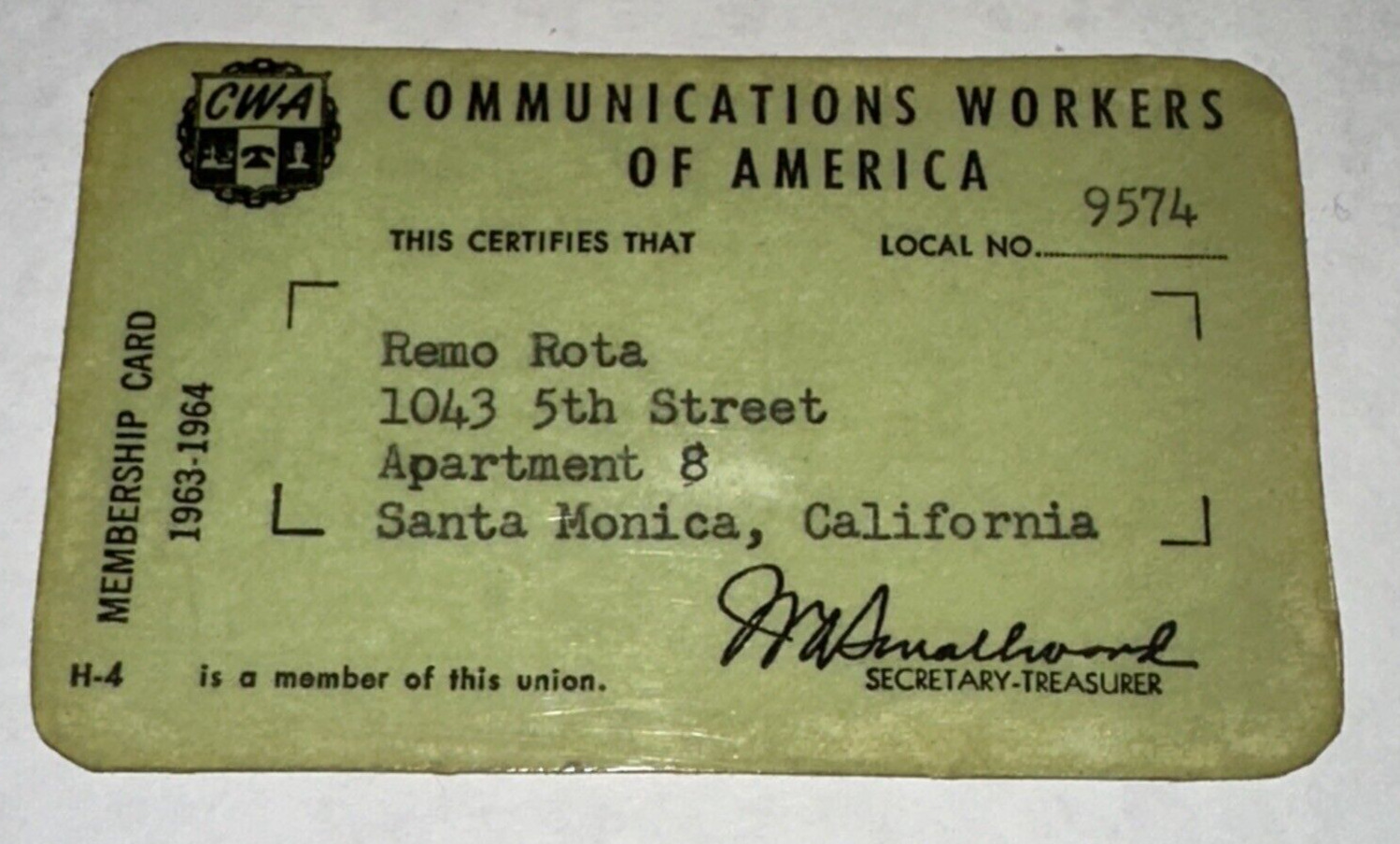 1963-64 CWA Communications Worker of America Union Local 9574 Membership Card