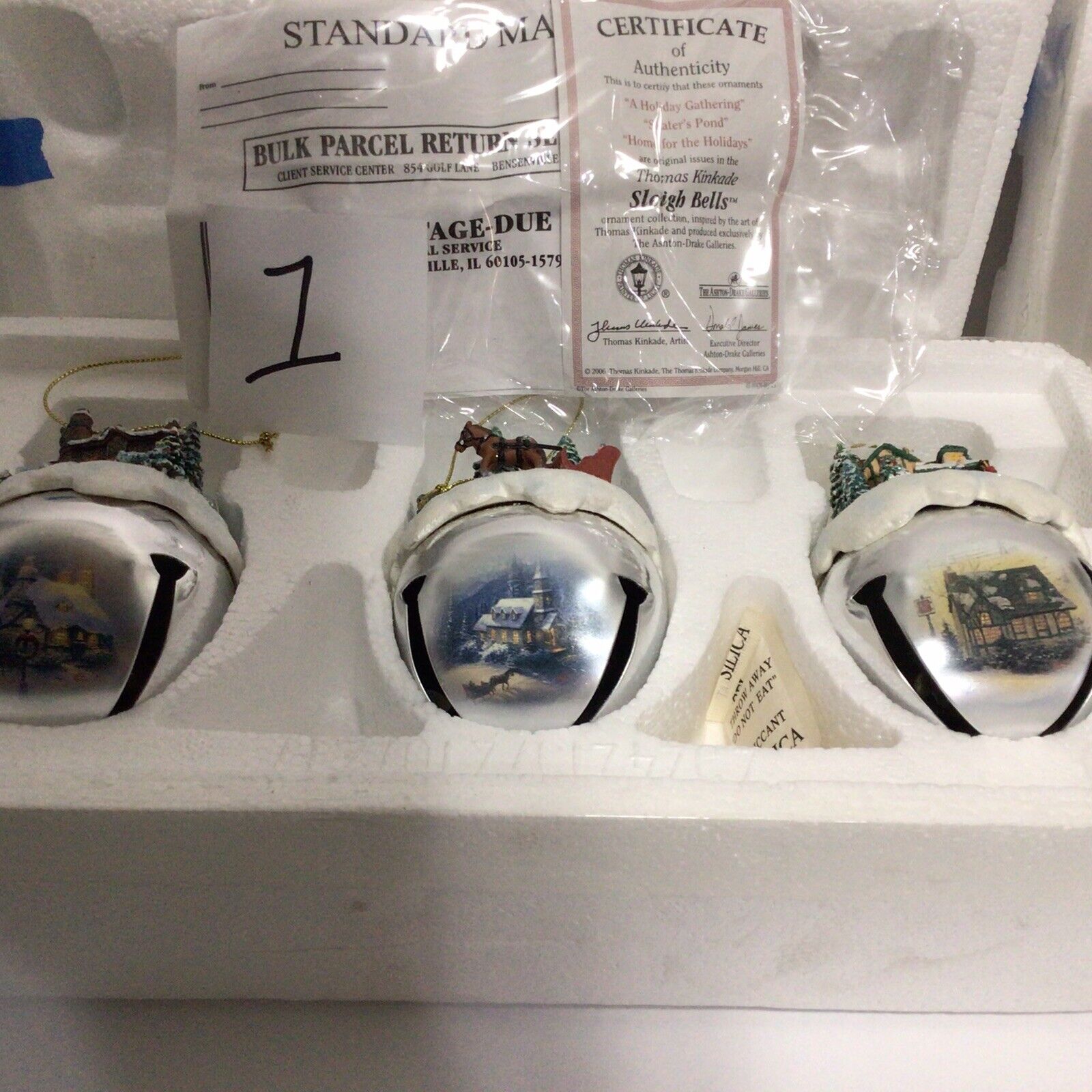 6 Thomas Kinkaid Sleigh Bells Ornaments, Ashton DrakeCOAs,Not Displayed, Sets1&2