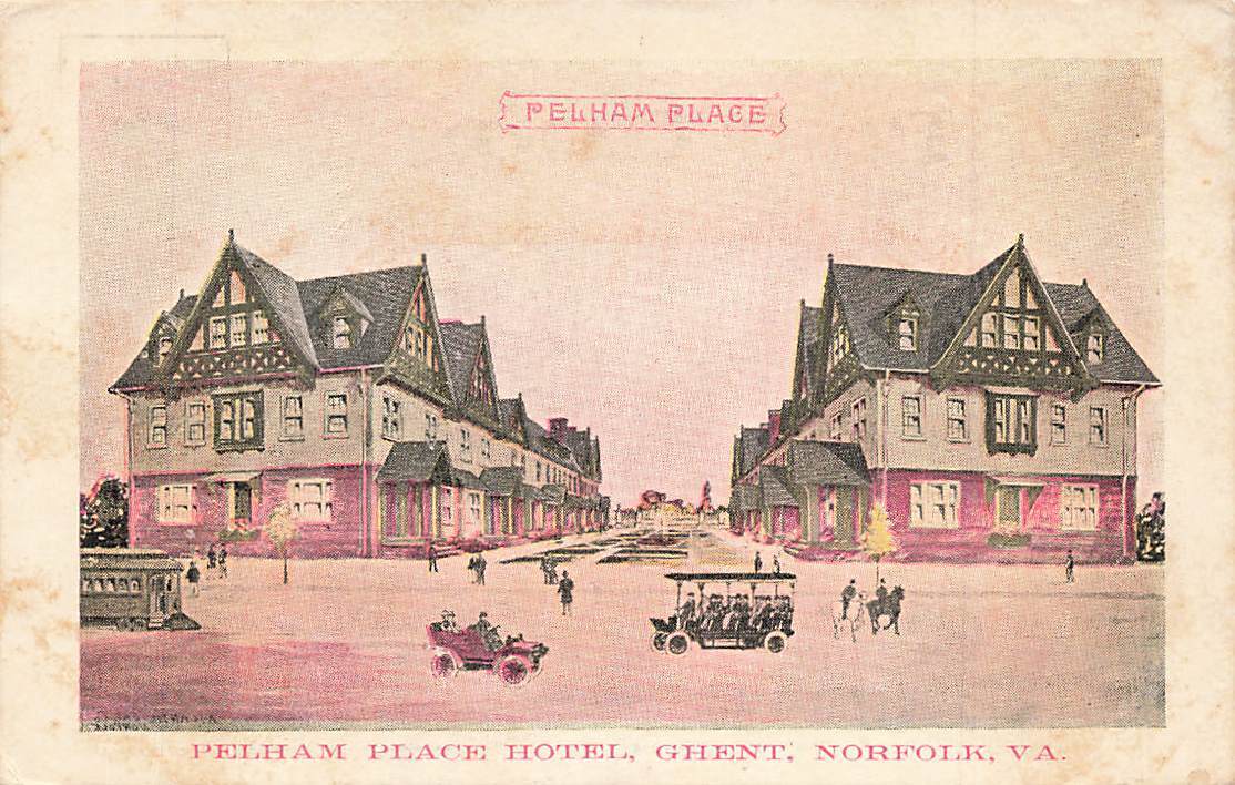 c1910 Pelham Place Hotel Ghent Car Trolley Bus People People Norfolk VA P411