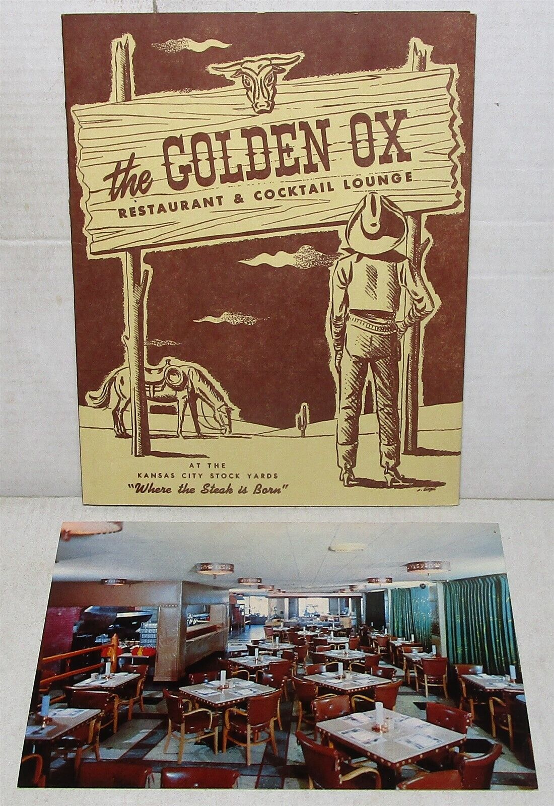 1950s Golden Ox Restaurant, Kansas City stock yards, souvenir menu + postcard